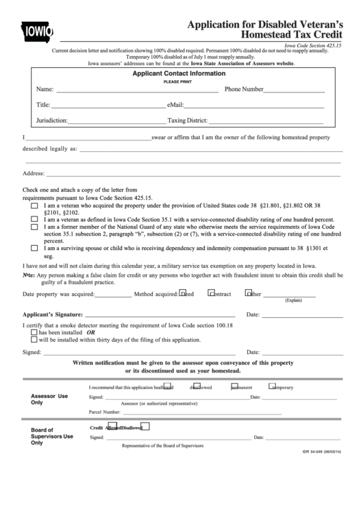 Fillable Form Idr 54-049 - Application For Disabled Veterans Homestead Tax Credit Printable pdf