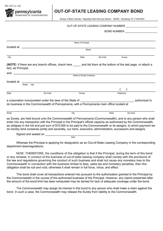 Fillable Form Mv-373 - Out Of State Leasing Company Bond Printable pdf