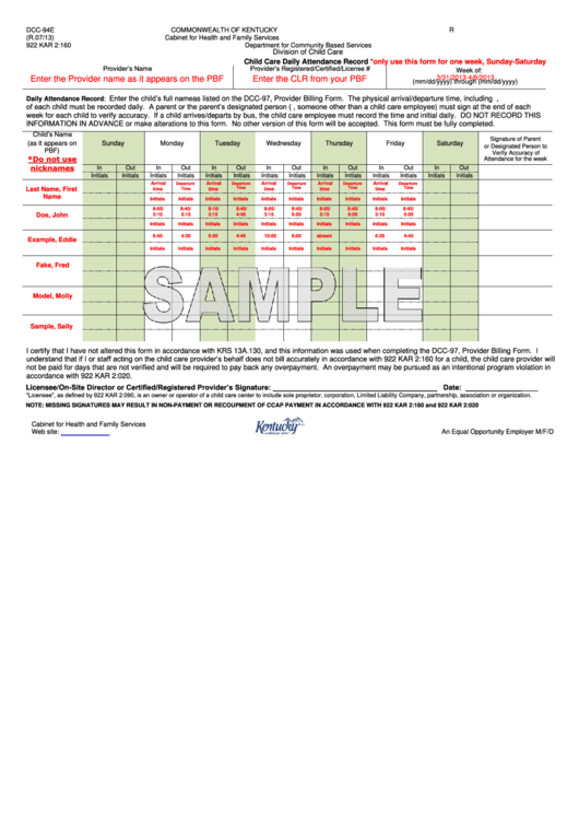 Form Dcc-94e - Child Care Daily Attendance Record Printable pdf