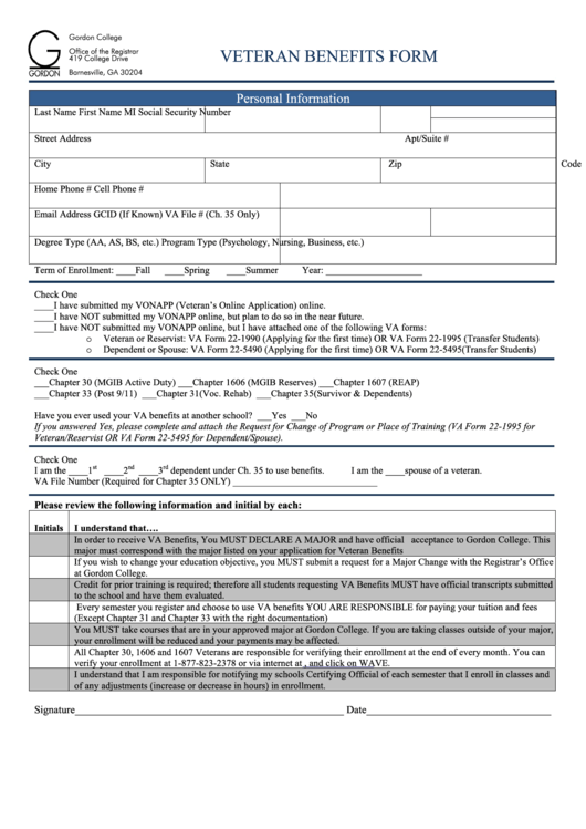 Veteran Benefits Form - Gordon State College Printable pdf
