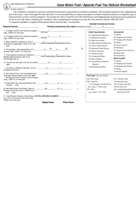 Fillable Iowa Motor Fuel / Special Fuel Tax Refund Worksheet Printable pdf