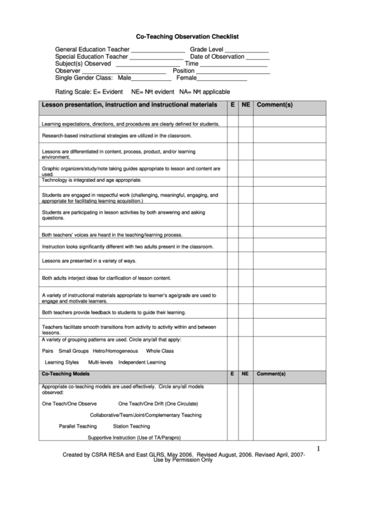 Co-Teaching Observation Checklist - Laspdg Printable pdf