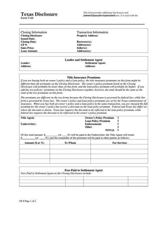Form T-64 - Texas Disclosure - Texas Department Of Insurance Printable pdf