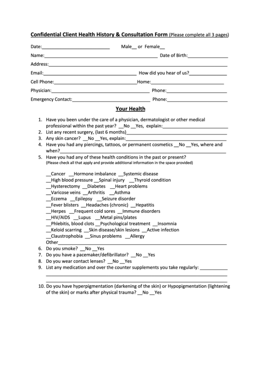 Confidential Client Health History & Consultation Form Printable pdf
