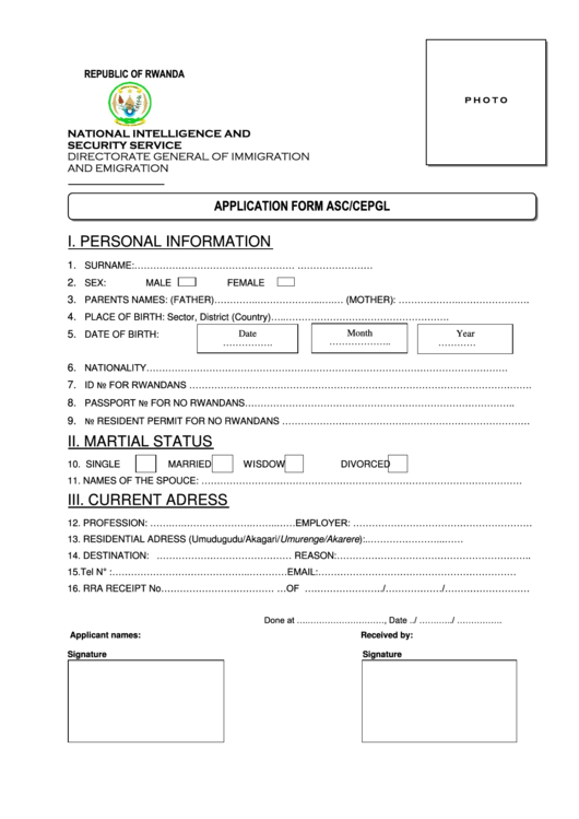 Application Form For Rwanda Visa Printable pdf