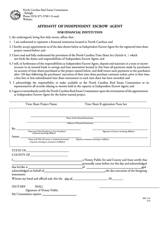 Fillable Rec 1.41 - Affidavit Of Independent Escrow Agent Printable pdf