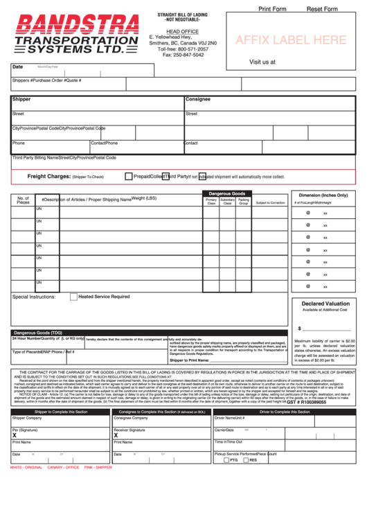 Bill Of Lading Form Bandstra Printable pdf