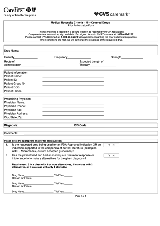 Fillable Medical Necessity Criteria - Non-Covered Drugs Prior Authorization Form Printable pdf
