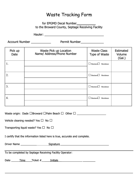 Waste Tracking Form - Broward County Printable pdf