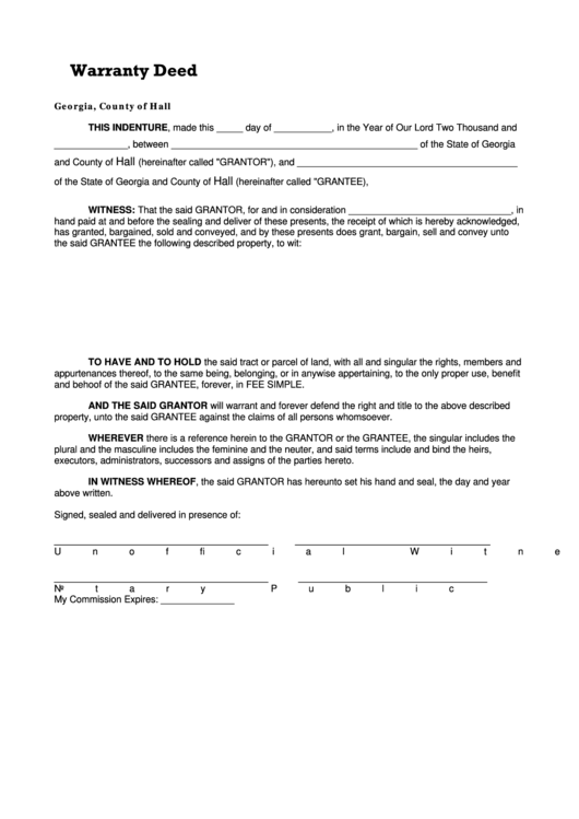 Fillable Warranty Deed - Hall County Printable pdf