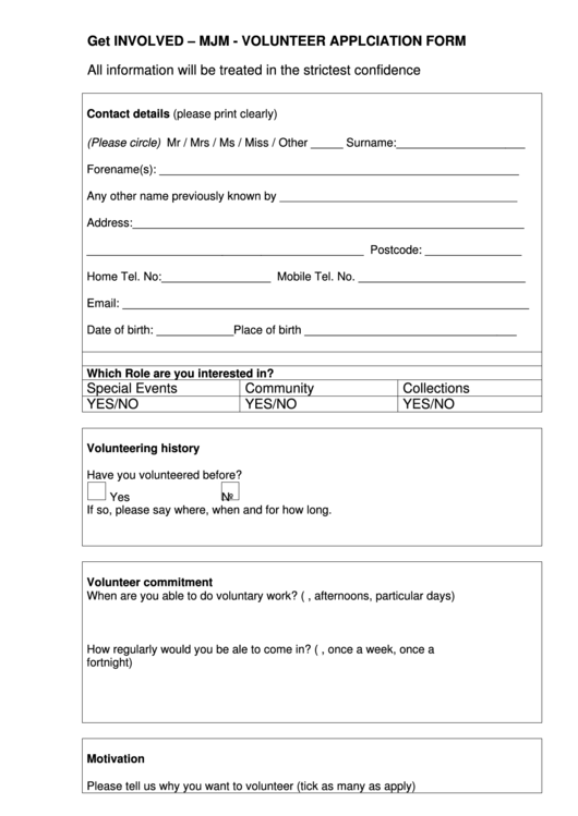 Mjm Volunteer Applciation Form Printable pdf