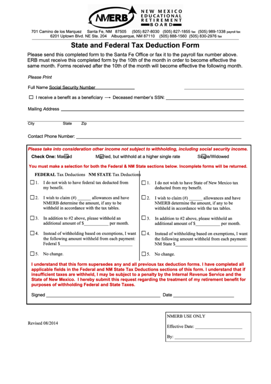 Fillable State And Federal Tax Deduction Form - 2014 Printable pdf
