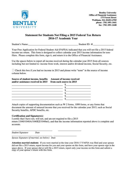 Statement For Nontax Filers - Bentley University Printable pdf