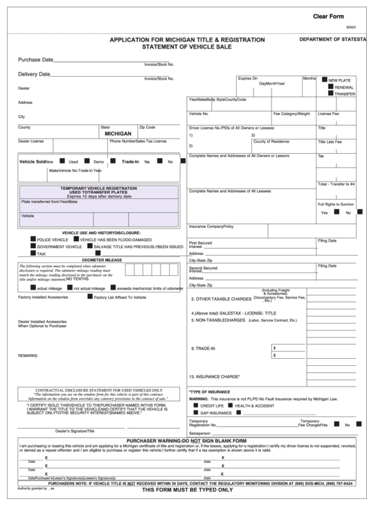 Fillable Form Rd 108 - Application For Michigan Title And Registration Statement Of Vehicle Sale Printable pdf