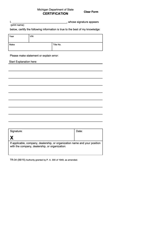 Fillable Tr 34 Certification Form Michigan Department Of State