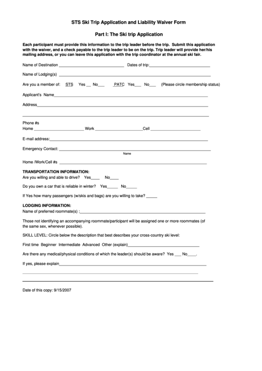 Sts Ski Trip Application And Liability Waiver Form