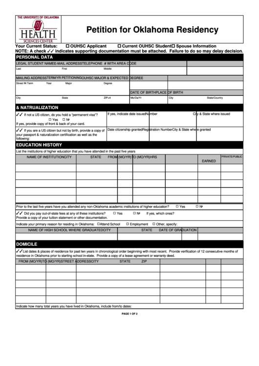 Fillable Petition For Oklahoma Residency Form - Admissions And Records Printable pdf