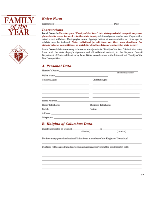 Fillable State Council Family Of The Year Awards Entry Form Printable pdf