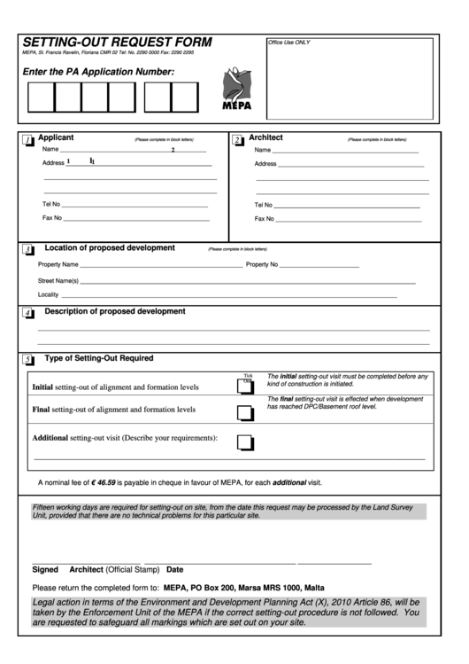 Setting-Out Request Form Printable pdf