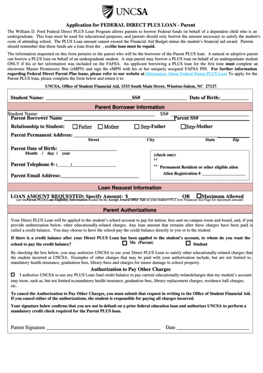 Request For Federal Direct Plus Loan For Parents Printable pdf