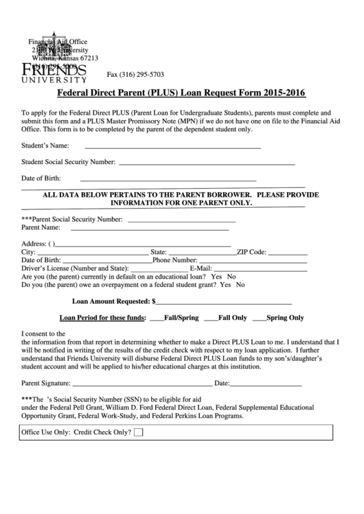 Federal Direct Parent Loan Request Form Printable pdf