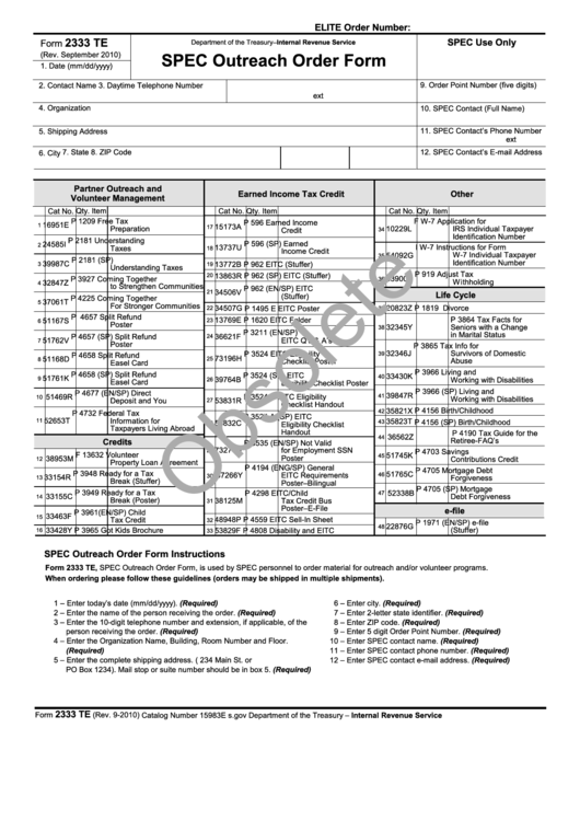Fillable Form 2333 Te - Spec Outreach Order Form Pa Printable pdf