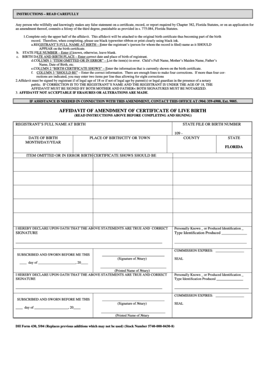 Fillable Affidavit Of Amendment Of Certificate Of Live Birth Printable pdf