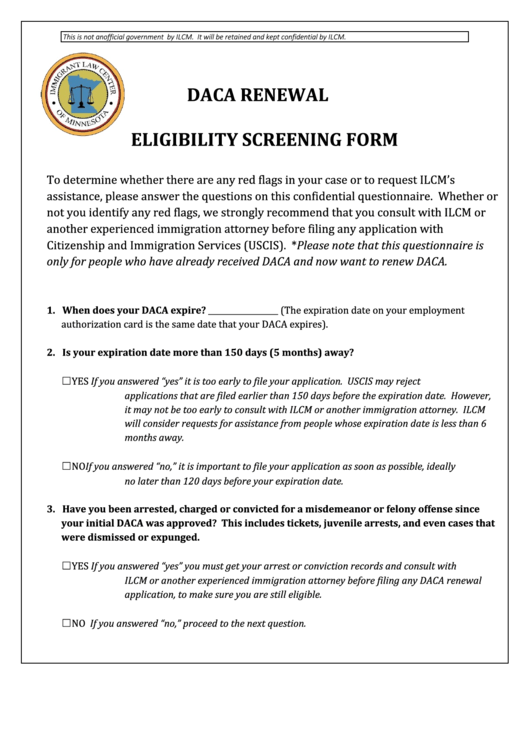 Daca Renewal Eligibility Screening Form Printable pdf