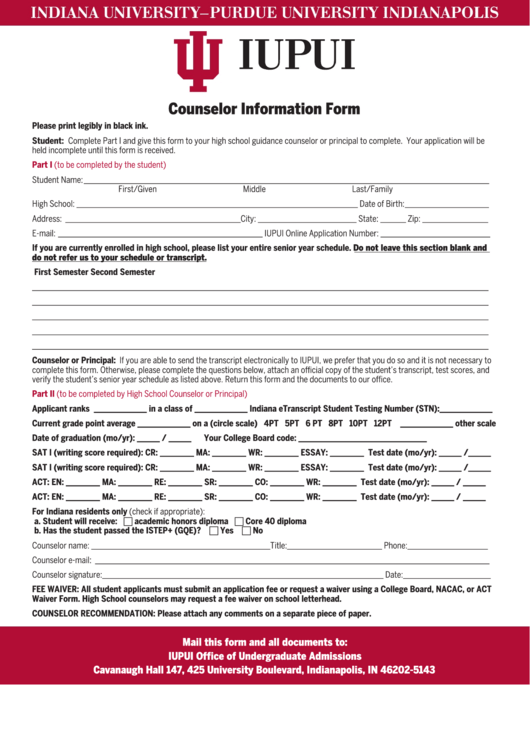 Counselor Information Form - Iupui Printable pdf