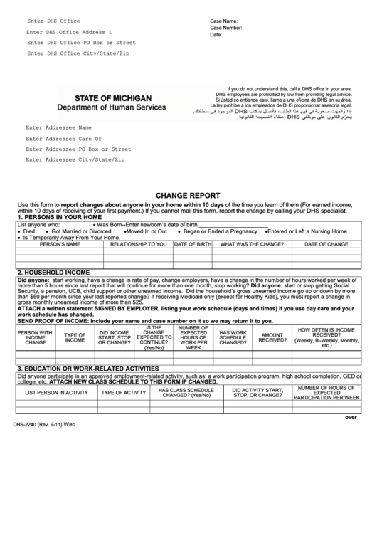 Fillable Dhs-2240 - Change Report (State Of Michigan) Printable pdf