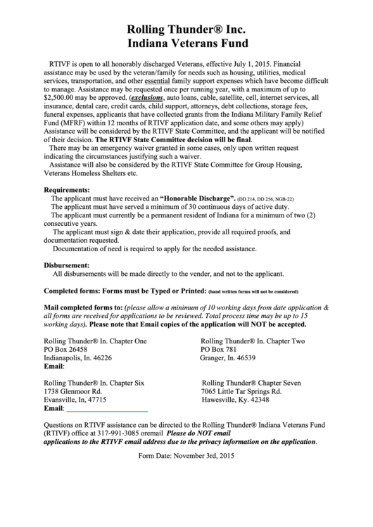 Rolling Thunder Inc Indiana Veterans Fund Application Printable pdf