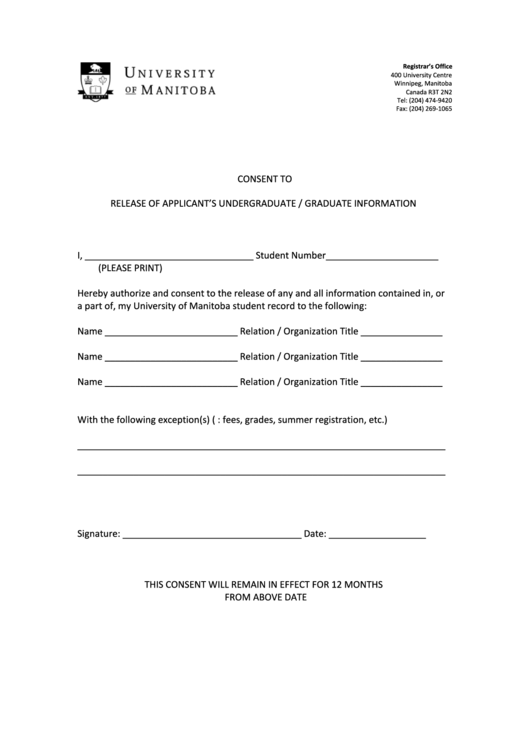 Consent Form - University Of Manitoba Printable pdf