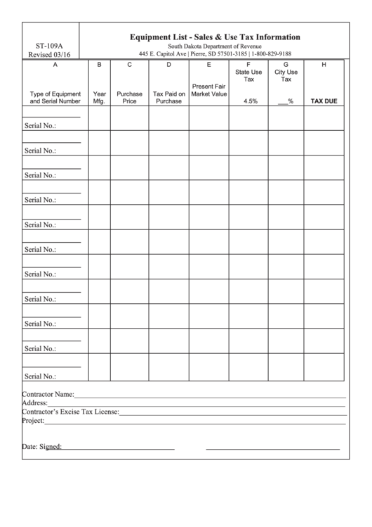 St-109a - Equipment List - Sales & Use Tax Information Printable pdf
