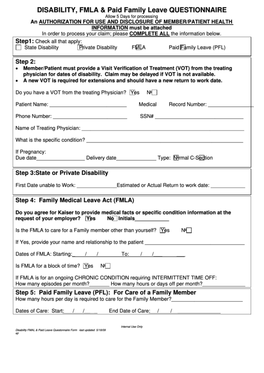 Disability, Fmla & Paid Family Leave Questionnaire Form Printable pdf