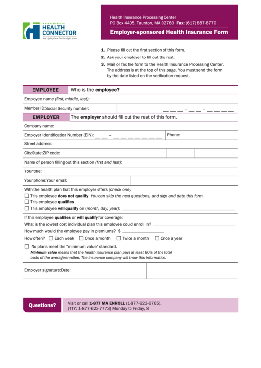 Employer Sponsored Health Insurance Form Printable pdf