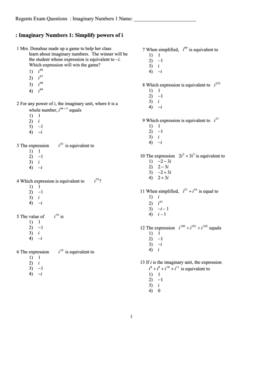 Imaginary Numbers Simplifying Powers Of I Worksheet Printable Pdf Download