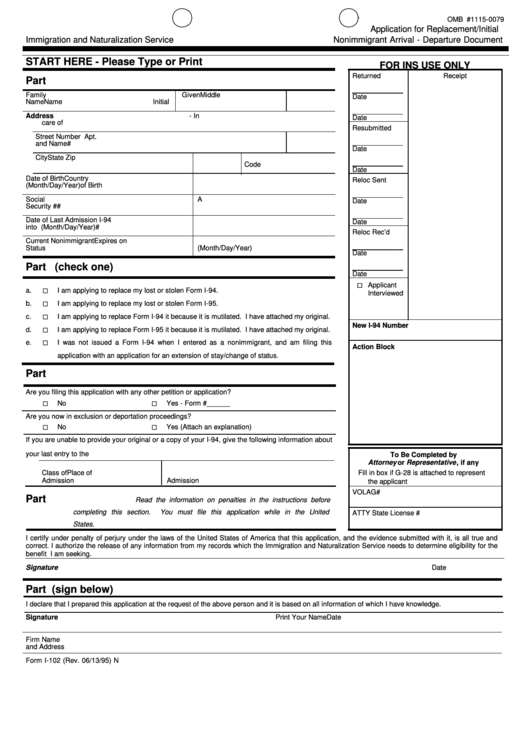 I-102: Application For Replacement/initial Nonimmigrant Arrival Printable pdf