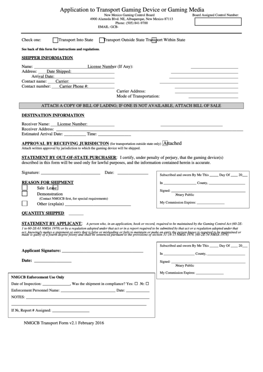 Fillable Nmgcb Transport Form - Application To Transport Gaming Device Or Gaming Media Printable pdf