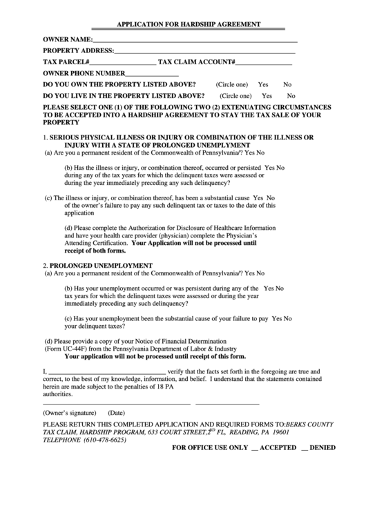 Hardship Application - Berks County Printable pdf