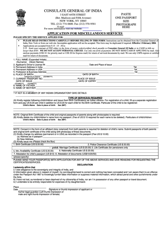 Fillable Application Form For Misc. Services - Consulate Of India Printable pdf