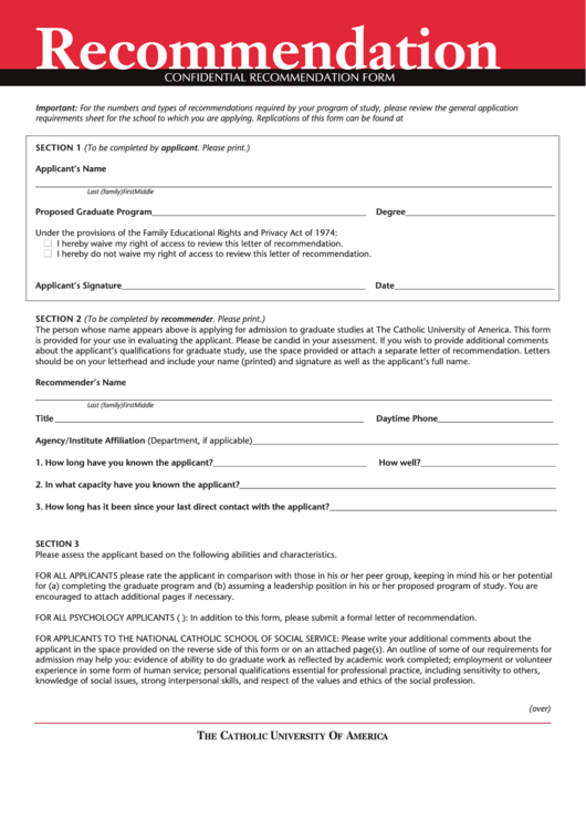 Fillable Recommendation Forms - The Catholic University Of America Printable pdf