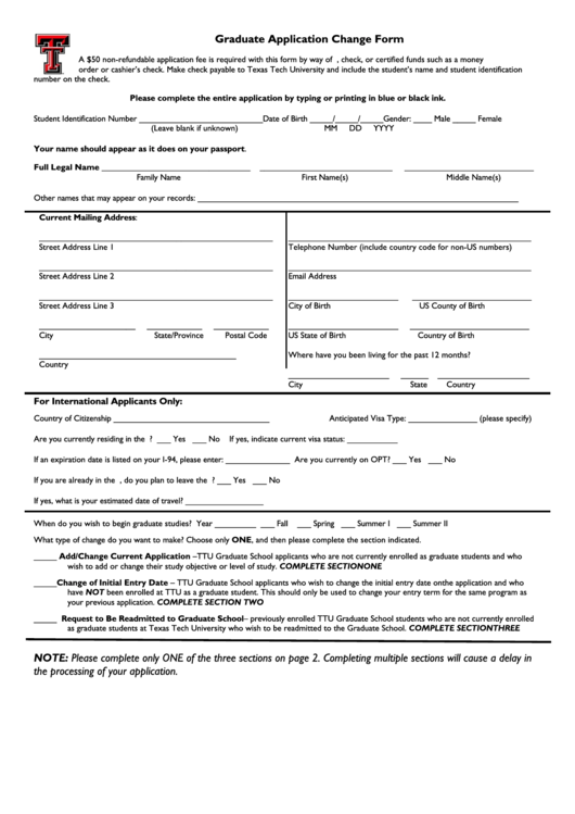 Graduate Application Change Form Texas Tech University printable pdf