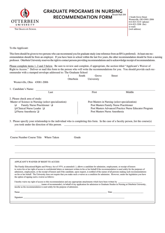 Graduate Programs In Nursing Recommendation Form Printable pdf