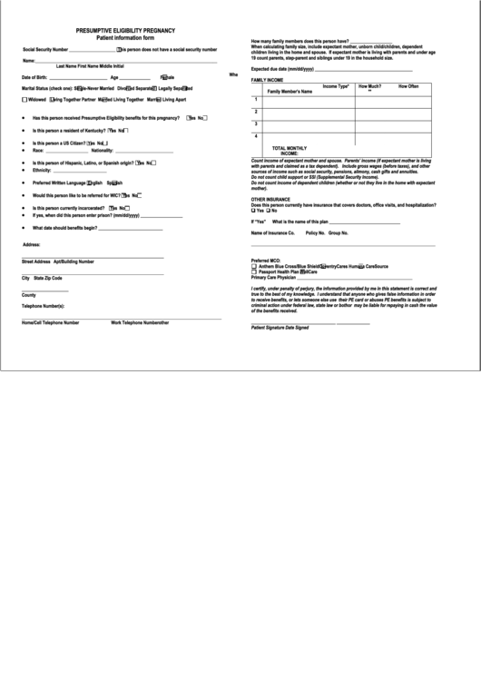 Pe Pregnancy Patient Information Form - Kentucky Printable pdf