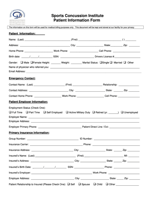 Sports Concussion Institute Patient Information Form Printable pdf
