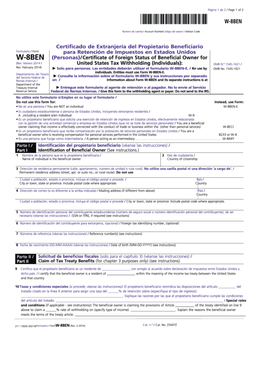 Formulario W-8ben - Certificado De Extranjeria Del Propietario Beneficiario Para Retencion De Impuestos En Estados Unidos (personas) - 2014