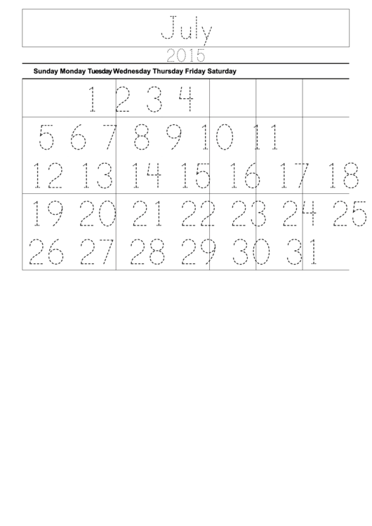 July - 2015 Monthly Calendar Template Printable pdf