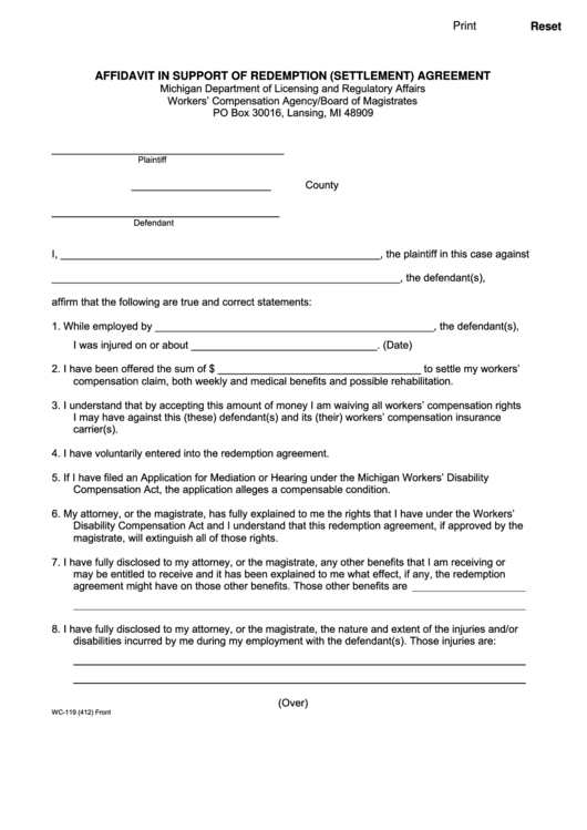 Fillable Affidavit In Support Of Redemption Settlement Agreement Printable pdf