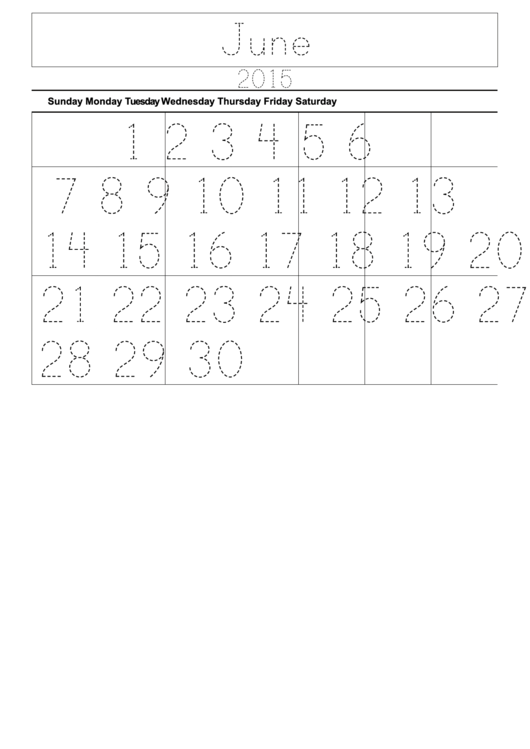 Monthly Calendar Template - June - 2015 Printable pdf
