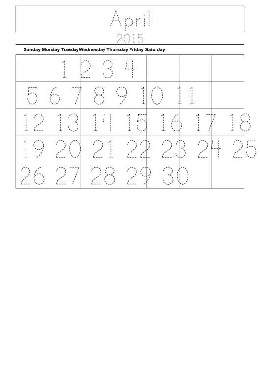 Monthly Calendar Template - April - 2015 Printable pdf